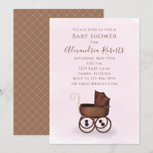 Baby Shower Pink Watercolor Girl Vintage Carriage Invitation