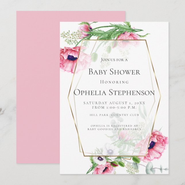 BABY SHOWER | Pink Watercolor Poppies Invitation (Front/Back)