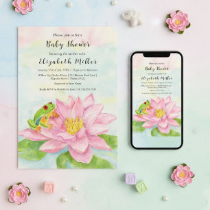Baby Shower Pink Waterlily & Tree Frog Invitation