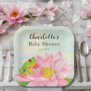 Baby Shower Pink Waterlily & Tree Frog Paper Plate