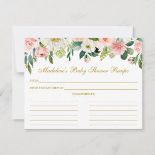 Baby Shower Pink White Floral Recipe Card Gold
