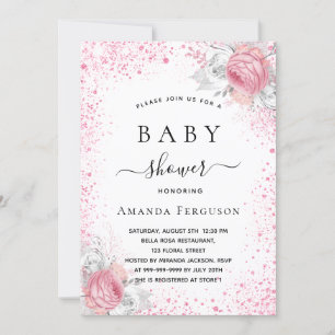 Baby shower pink white glitter girl floral invitation
