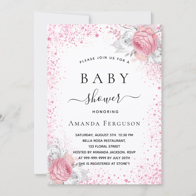 Baby shower pink white glitter girl floral invitation (Front)