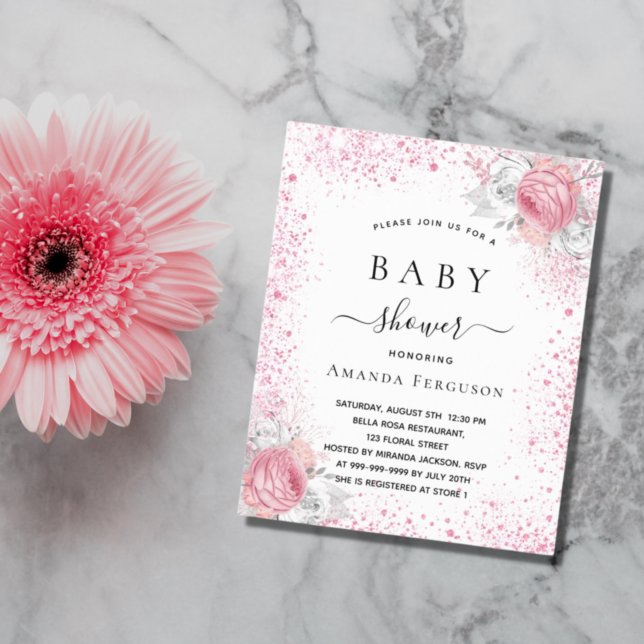 Baby shower pink white glitter girl invitation (Creator Uploaded)