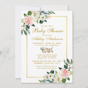 Baby Shower Pink White Gold Floral Invitation