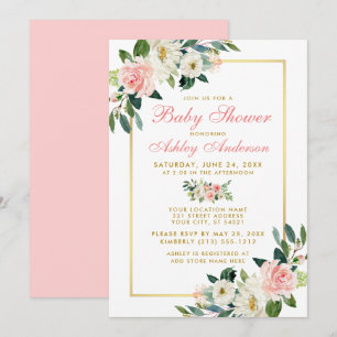 Baby Shower Pink White Gold Floral Invitation GP