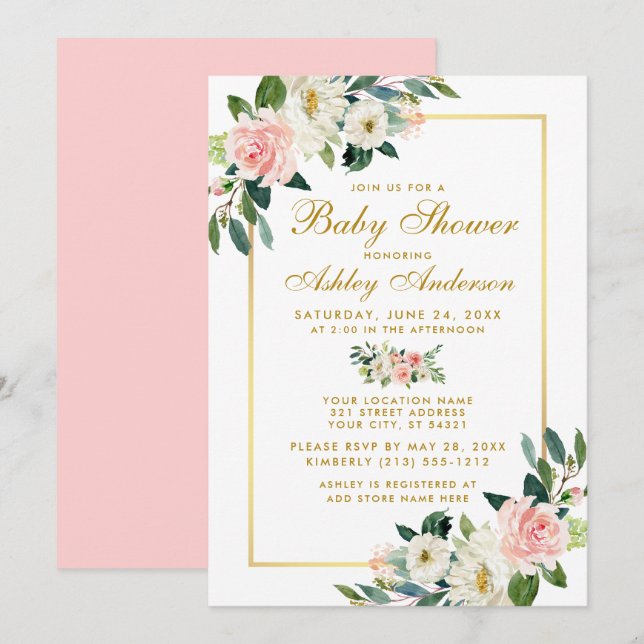 Baby Shower Pink White Gold Floral Invitation P (Front/Back)