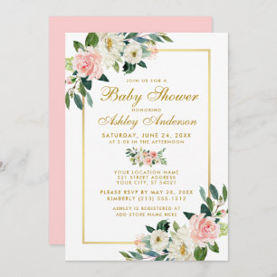 Baby Shower Pink White Gold Floral Invitation P