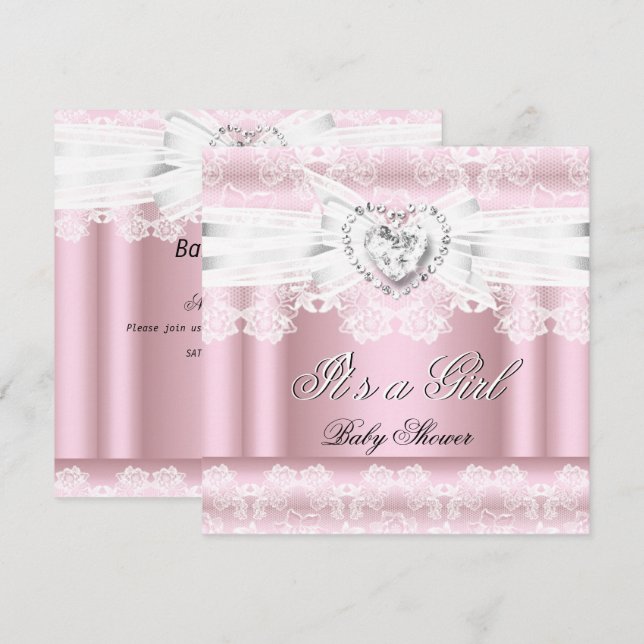 Baby Shower Pink White Lace Bow Diamonds Images Invitation (Front/Back)