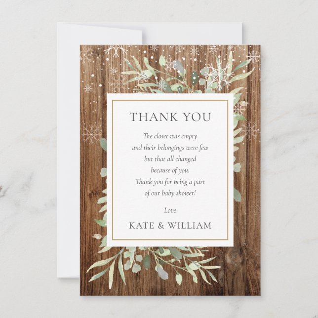 Baby Shower Poem Leaves Greenery Rustic Wood Thank You Card (Front)