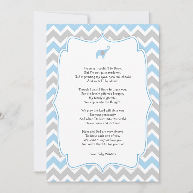 Baby shower poem thank you notes, blue elephant (Front)