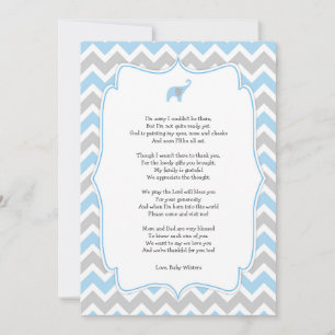 Baby shower poem thank you notes, blue elephant card