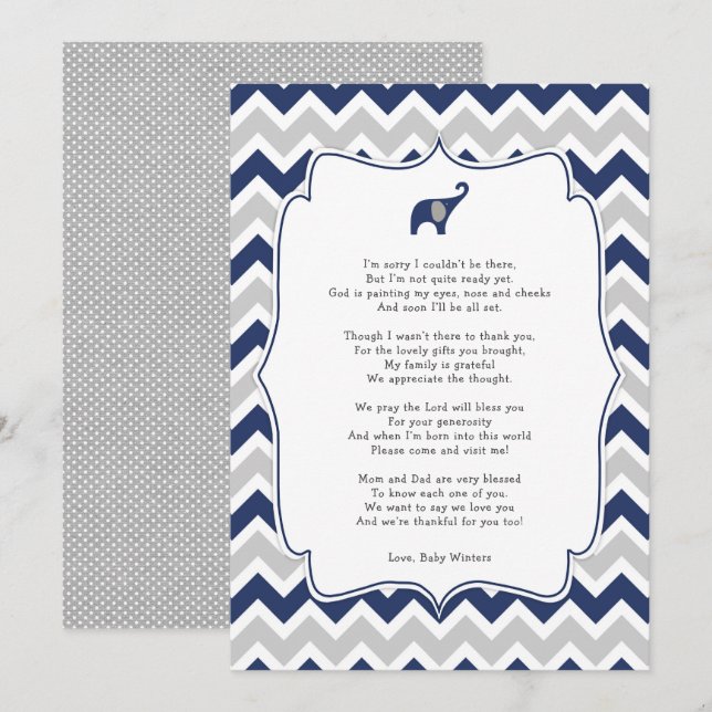 Baby shower poem thank you notes, navy elephant invitation (Front/Back)