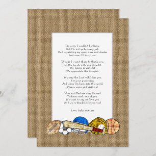 Baby shower poem thank you notes, rustic sports invitation