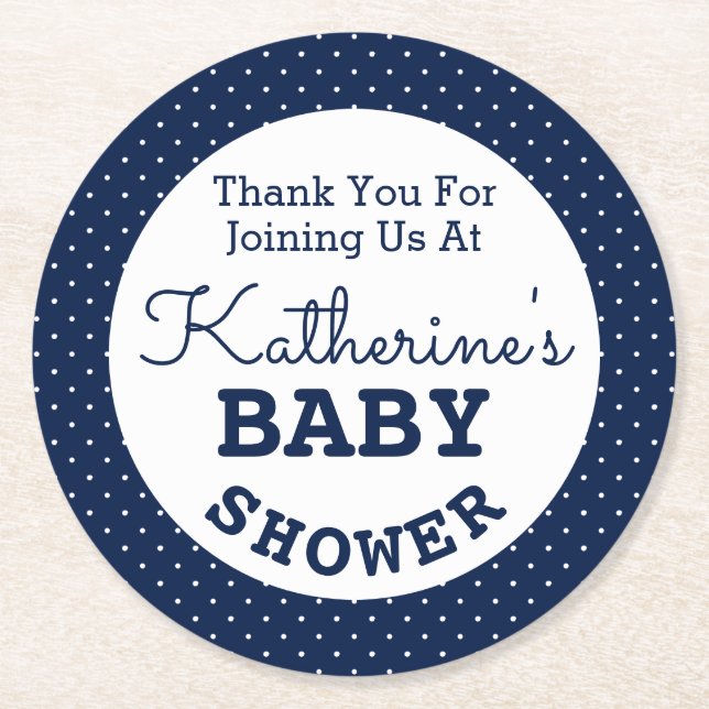 Baby Shower Polka Dots Round Paper Coaster (Front)