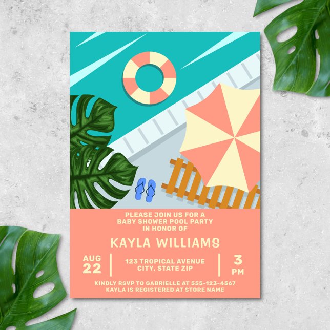 Baby Shower Pool Party Tropical Pool Scene Invitation (Tropical baby shower pool party invitation)