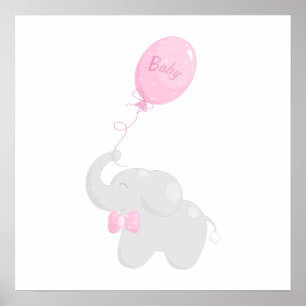 Baby shower poster with elephant and pink balloon