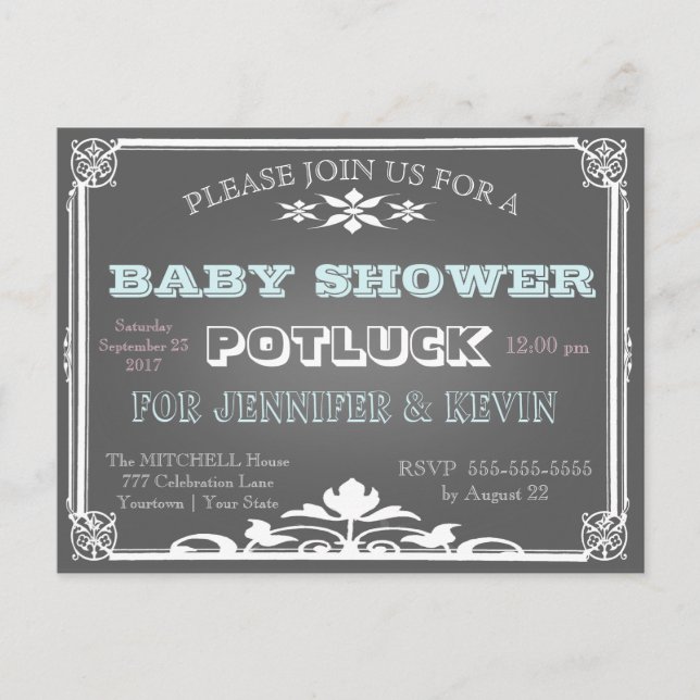 Baby Shower | POTLUCK | Chalkboard Invitation Postcard (Front)