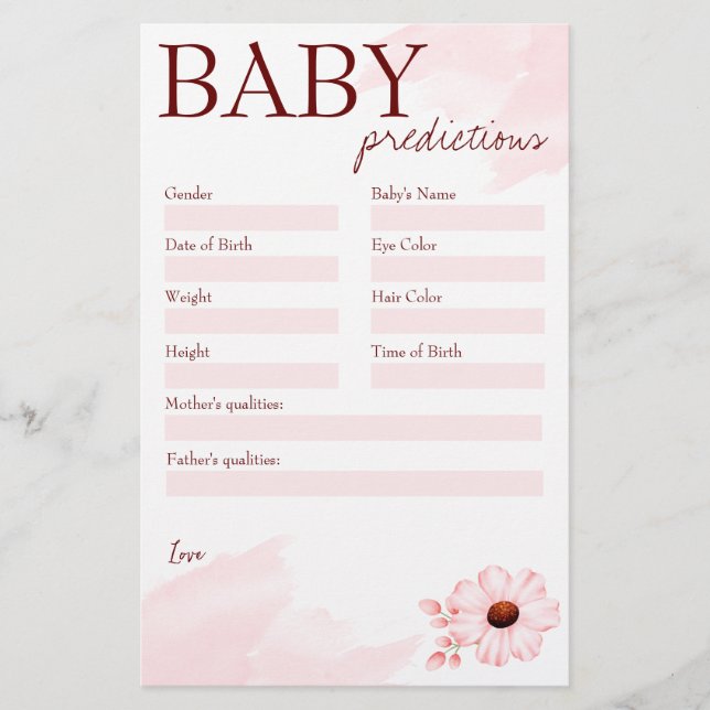 Baby shower prediction game pink for a baby girl stationery (Front)