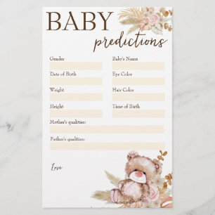 Baby shower prediction game teddy bear stationery