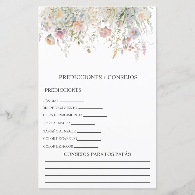 Baby shower predictions in spanish (Front)
