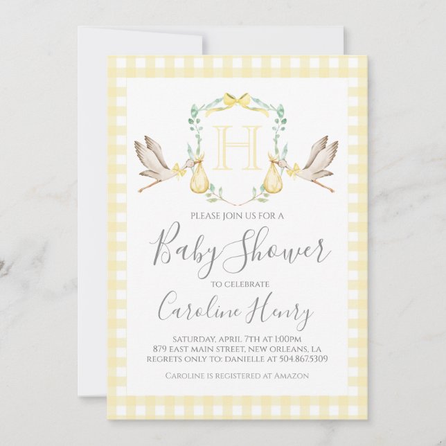 Baby Shower Preppy Gingham Stork Neutral Yellow Invitation (Front)