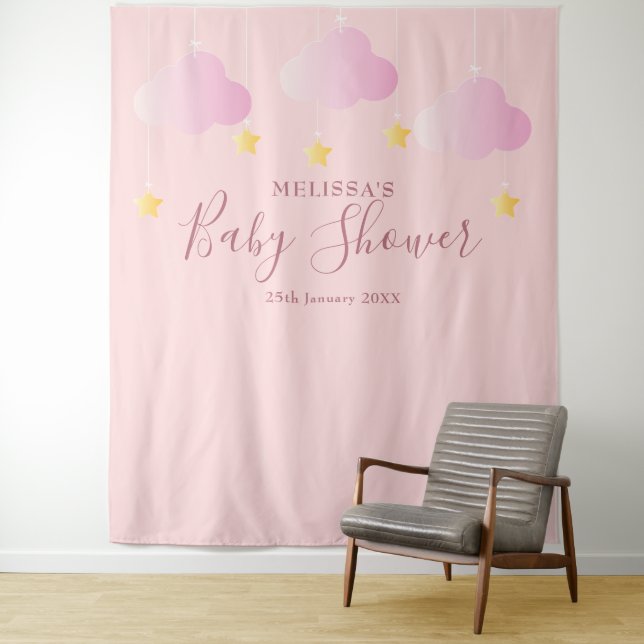 Baby Shower Pretty Pink Photo Booth Backdrop Tapestry (In Situ)
