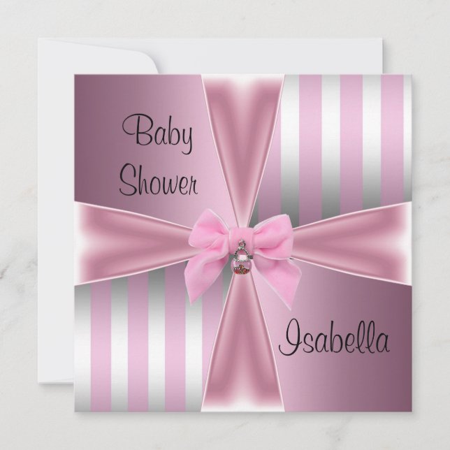 Baby Shower Pretty Satin Pink Silver Stripe Bow Invitation (Front)
