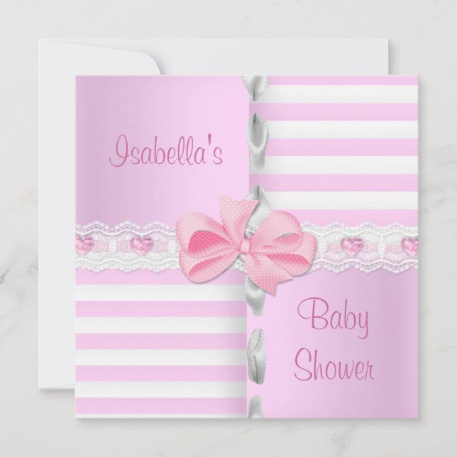 Baby Shower Pretty Satin Pink White Stripe Bow Invitation (Front)
