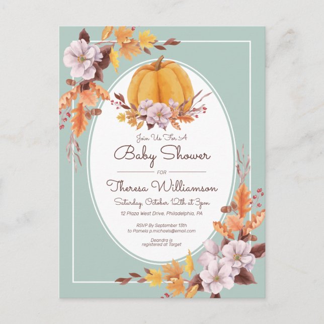 Baby Shower | Pretty Watercolor Autumn Invitation Postcard (Front)