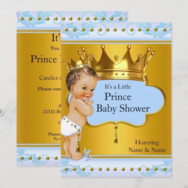 Baby Shower Prince Boy Blue Gold Crown Brunette Invitation (Front/Back)