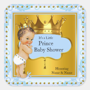 Baby Shower Prince Boy Blue Gold Crown Brunette Square Sticker