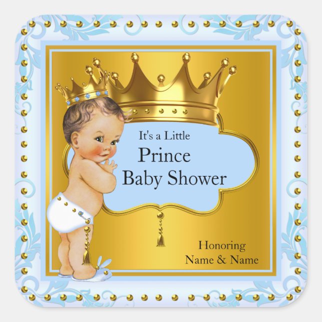 Baby Shower Prince Boy Blue Gold Crown Brunette Square Sticker (Front)