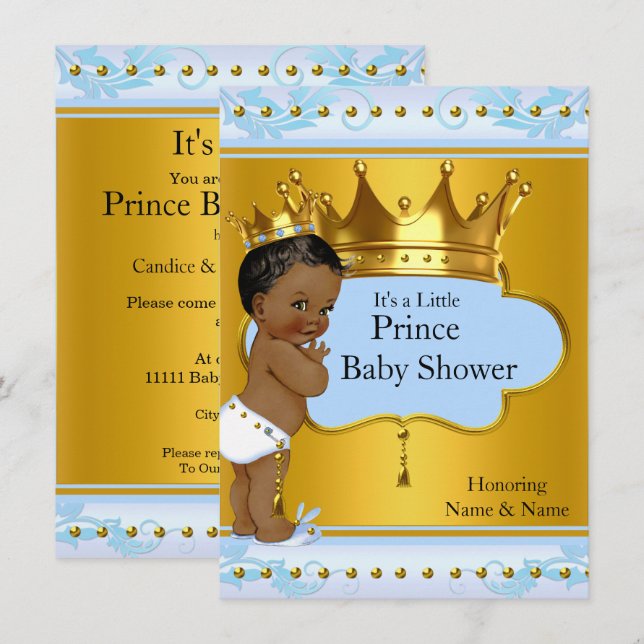 Baby Shower Prince Cute Boy Blue Gold Crown Ethnic Invitation (Front/Back)