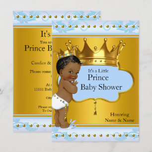 Baby Shower Prince Cute Boy Blue Gold Crown Ethnic Invitation