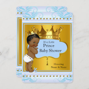 Baby Shower Prince Cute Boy Blue Gold Crown Ethnic Invitation