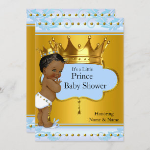 Baby Shower Prince Cute Boy Blue Gold Crown Ethnic Invitation