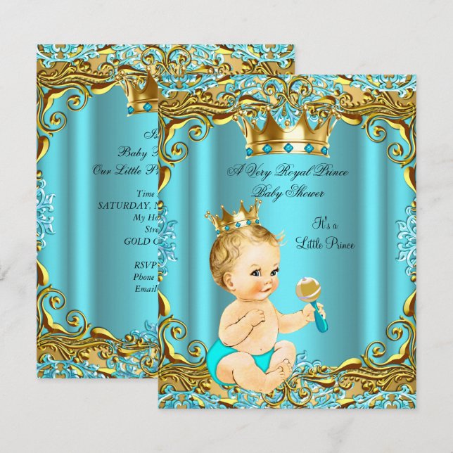 Baby Shower Prince Gold Teal Aqua Blonde Boy Invitation (Front/Back)