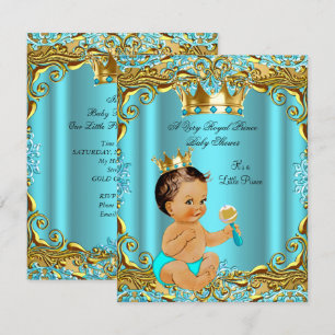 Baby Shower Prince Gold Teal Aqua Brunette Invitation