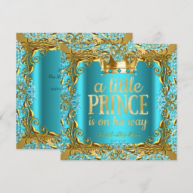 Baby Shower Prince on the way Gold Teal Aqua Invitation (Front/Back)