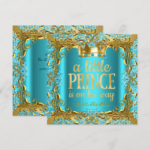 Baby Shower Prince on the way Gold Teal Aqua Invitation