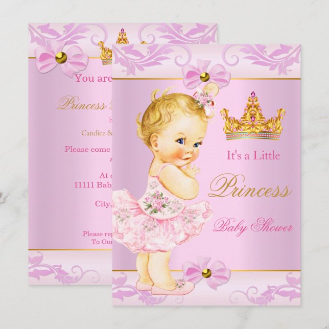 Baby Shower Princess Tiara Cute Girl Pink Blonde Invitation (Front/Back)