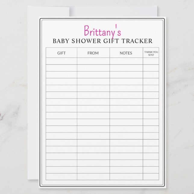 Baby Shower Printable Gift Tracker  Card (Front)
