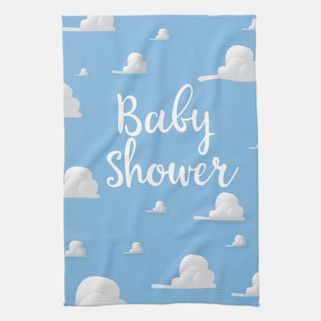 Baby Shower Puffy White Clouds Tea Towel (Vertical)