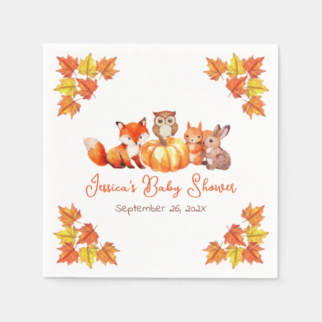 Baby Shower Pumpkin Cute Fox Autumn Leaves Animals Napkin (Front)