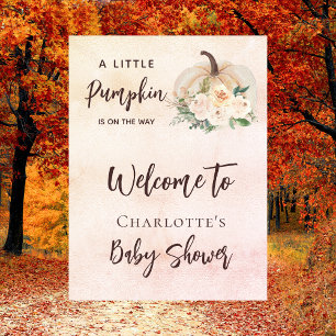 Baby shower pumpkin on the way cream welcome poster