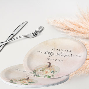 Baby Shower pumpkin rose gold cream blush Paper Plate