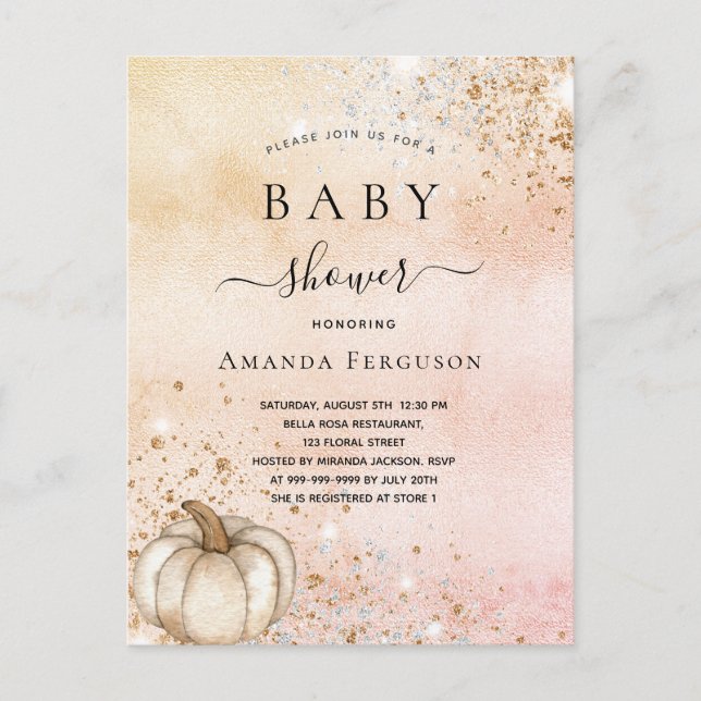 Baby shower pumpkin rose gold glitter fall invitation postcard (Front)