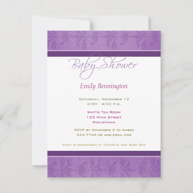 Baby Shower Purple Damask Invitation (Front)