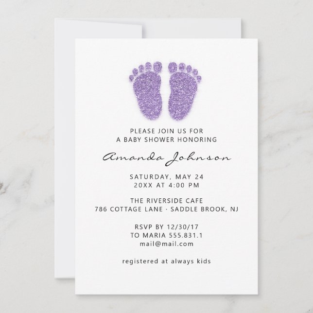 Baby Shower Purple Feet Glitter Drips  Boy Girl Invitation (Front)